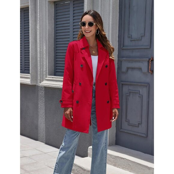 💫 Women Red Trench Coat Waterproof Classic Lapel Outerwear Belt Warm Jackets - Picture 3 of 6
